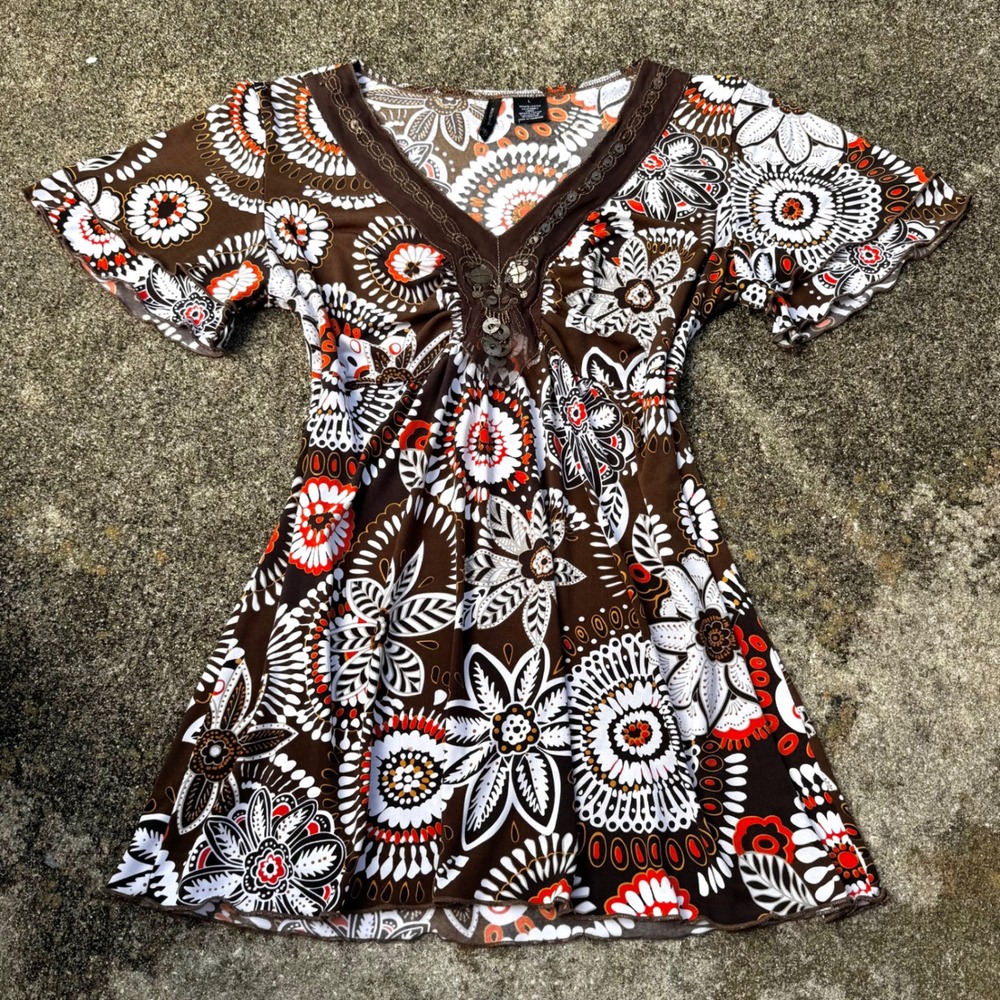 Y2K Brown Floral New Directions boho Sequin Embellished trim Tunic babydoll Top